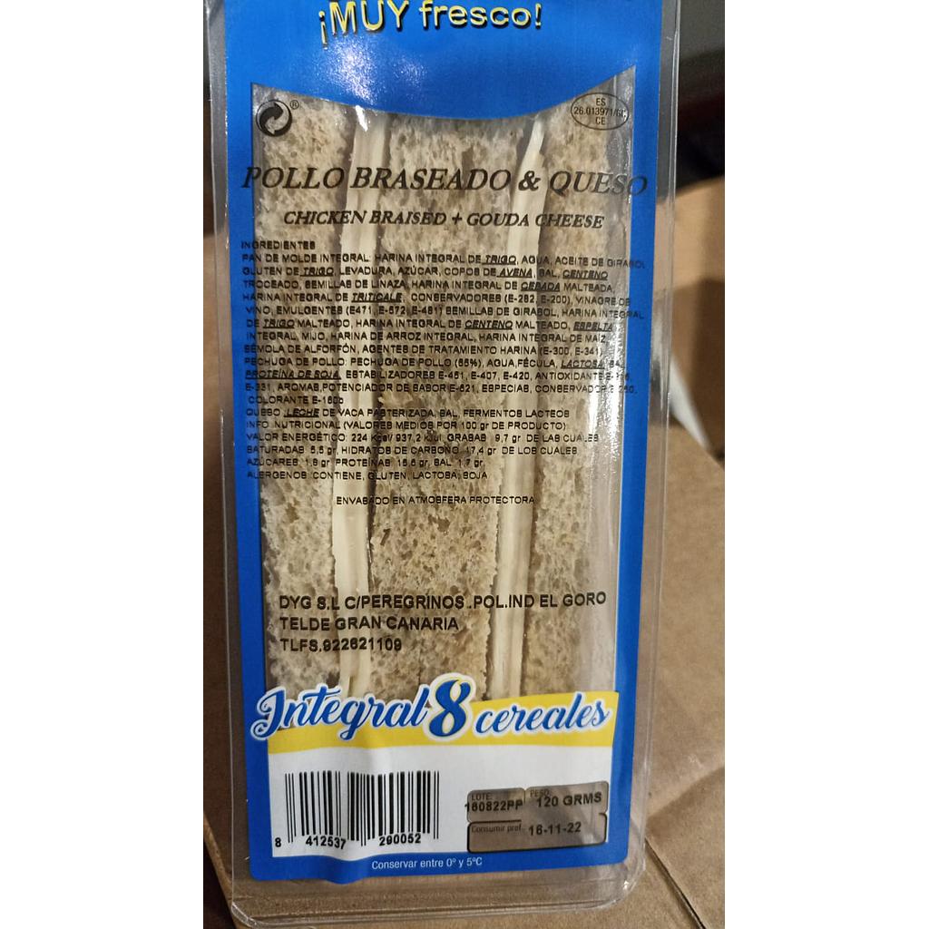 SANDWICH INTEGRAL POLLO BRASEADO/QUESO 120 grs x8