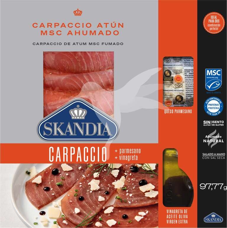 CARPACCIO DE ATUN AHUMADO CON QUESO PARMESANO Y VINAGRETA 97,77 g.x6